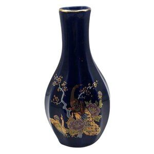 Vintage Cobalt Blue Porcelain Ribbed Bud Vase Gold Peacock Cherry Trees  Japan